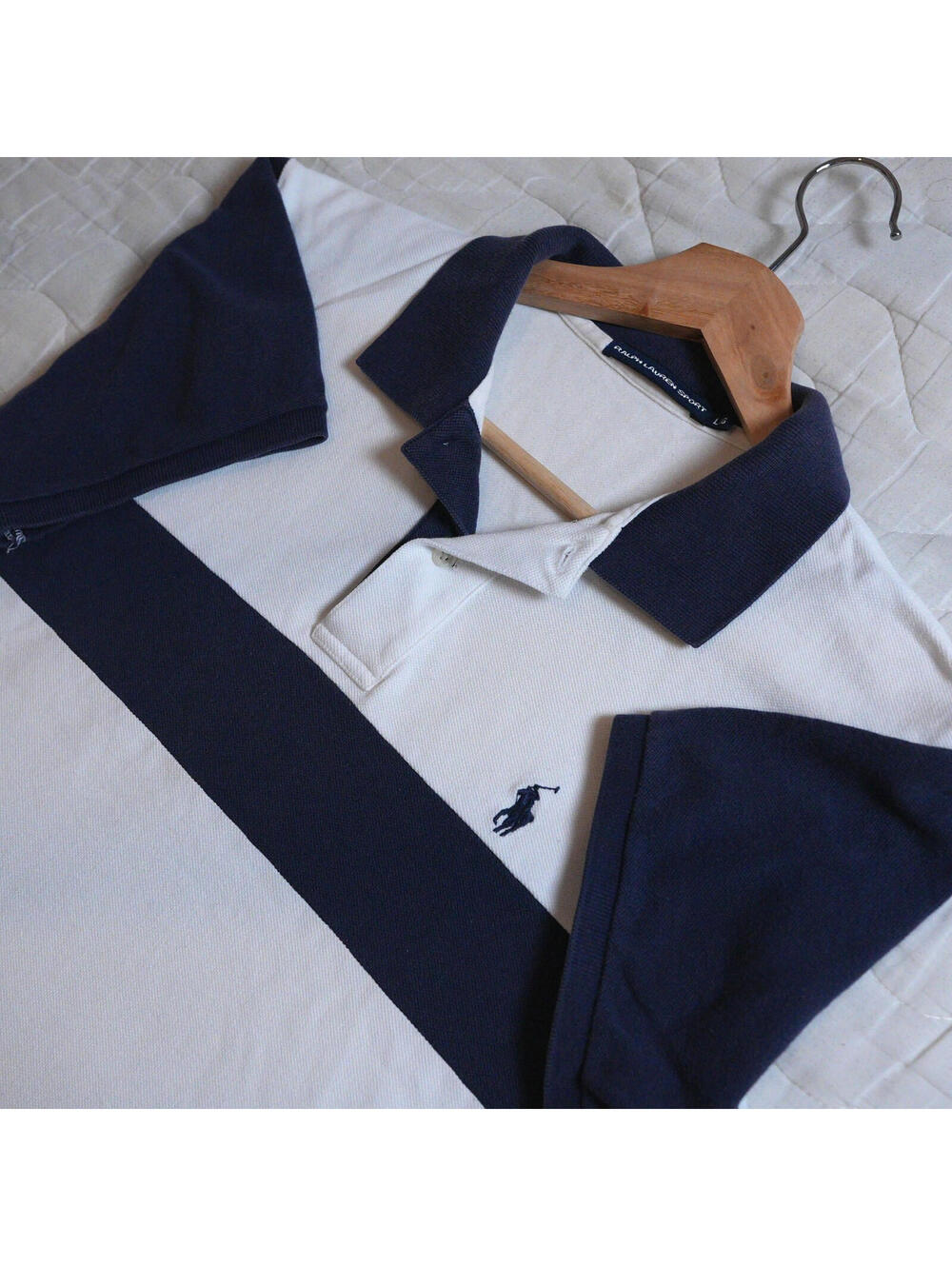 Ralph Lauren Sports White Navy Rugby Stripe Polo Shirt Women Large Classic Y2K